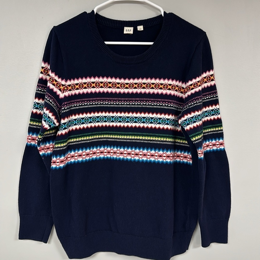 Super Cute Gap Long Sleeve Navy Blue Fair Isle Pullover Cotton Blend Sweater,  L